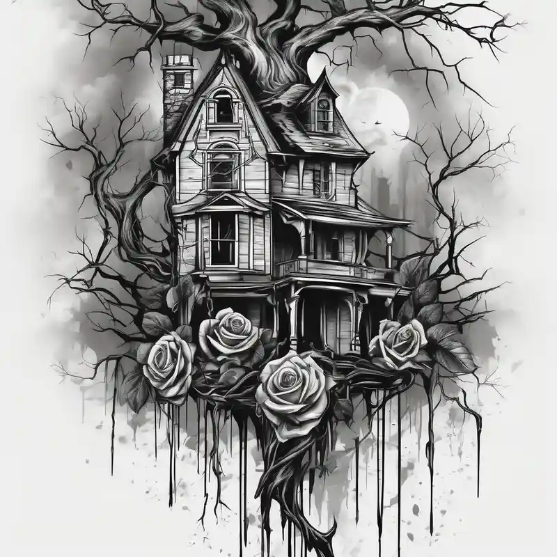 tattoo fool sleeve, old broken gothic home, broken sword, tree roots break out of the chains, roses hello kitty tattoo – Aquarelle, Noir et blanc